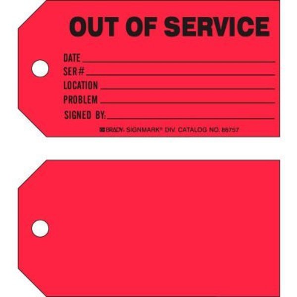 Brady Brady Out Of Service Production Tag, 100/Pkg, Cardstock, 5-3/4inW x 3inW 86757